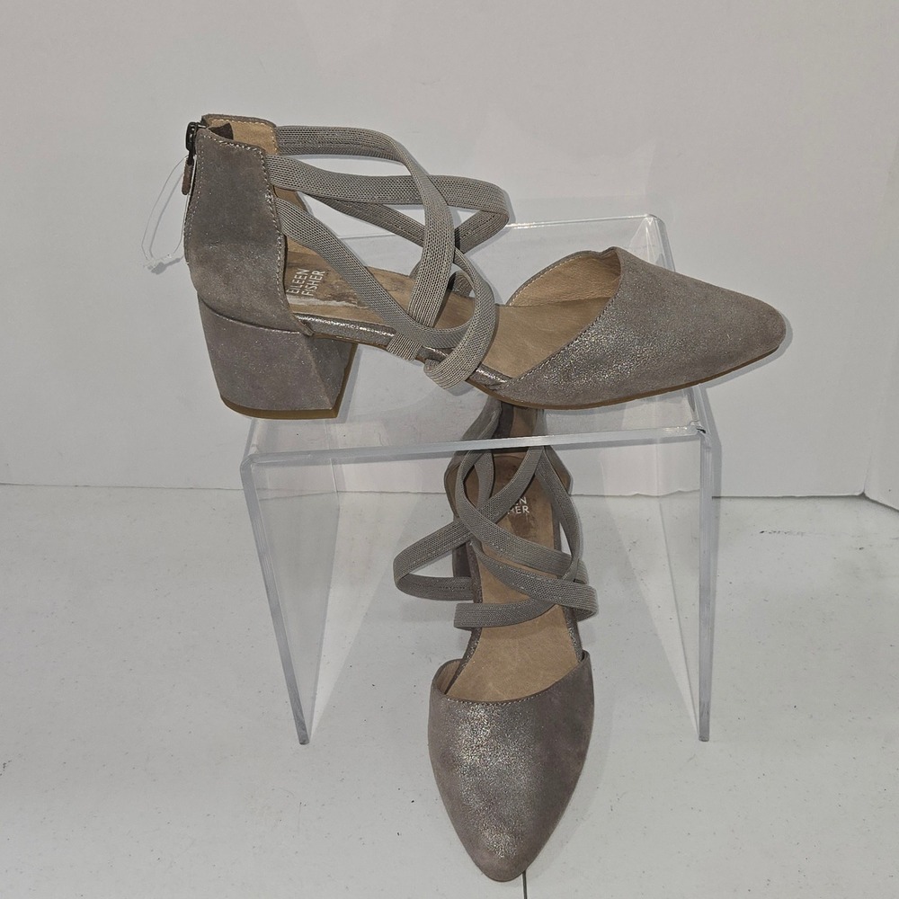 Eileen Fisher Womens 9 Grey Metallic Suede Strappy Block Heel Pump AC926
